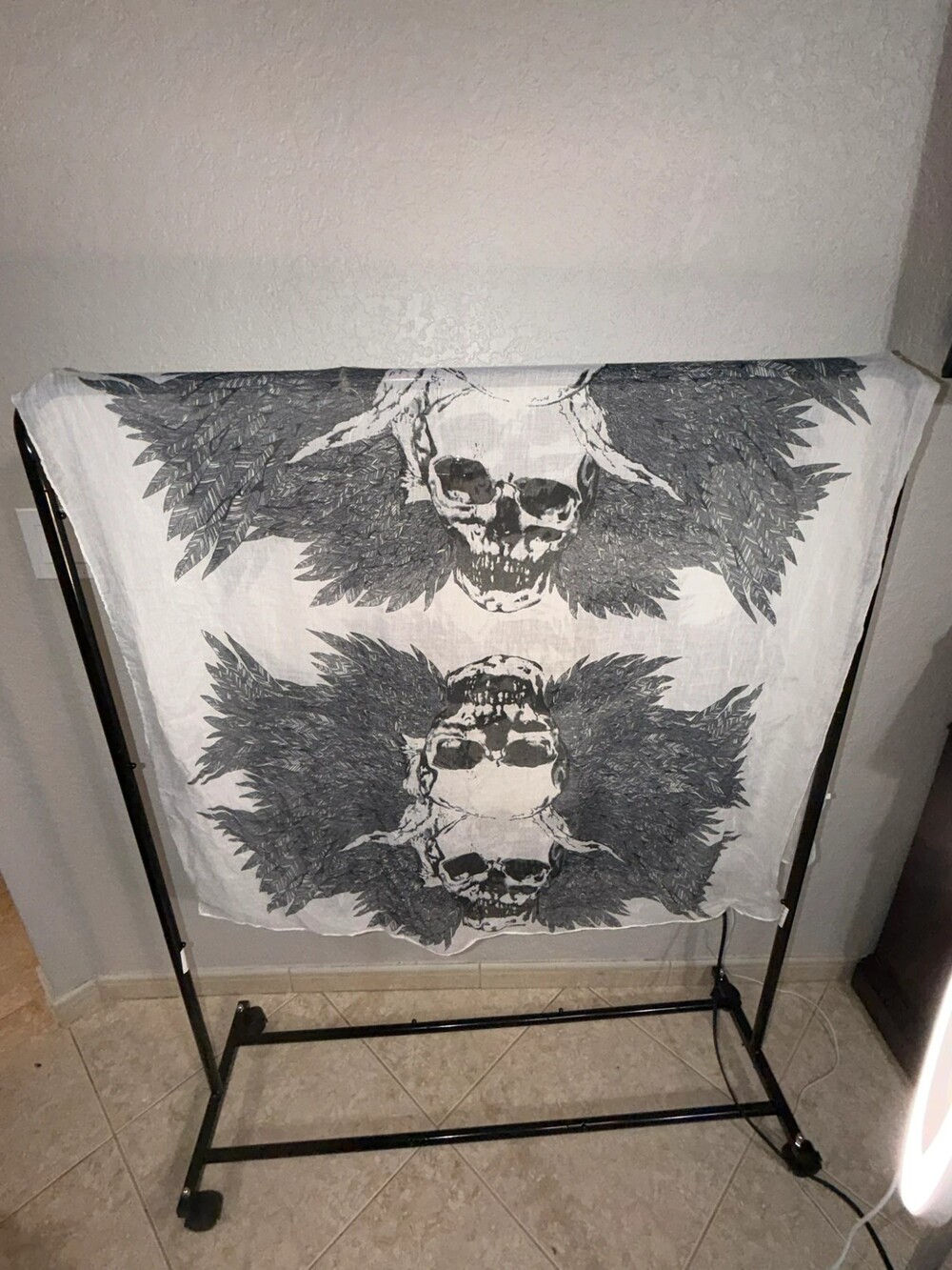 Gothic Double Winged Skull Graphic Sheer Lightweight Scarf - White/Black